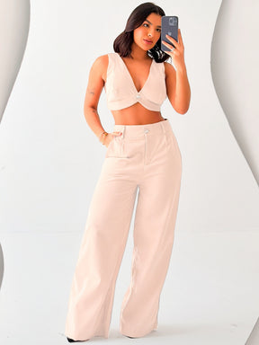 Conjunto Feminino Linho Top Alças e Calça Pantalona Verão Fluida Leve Fresca para o Dia a Dia