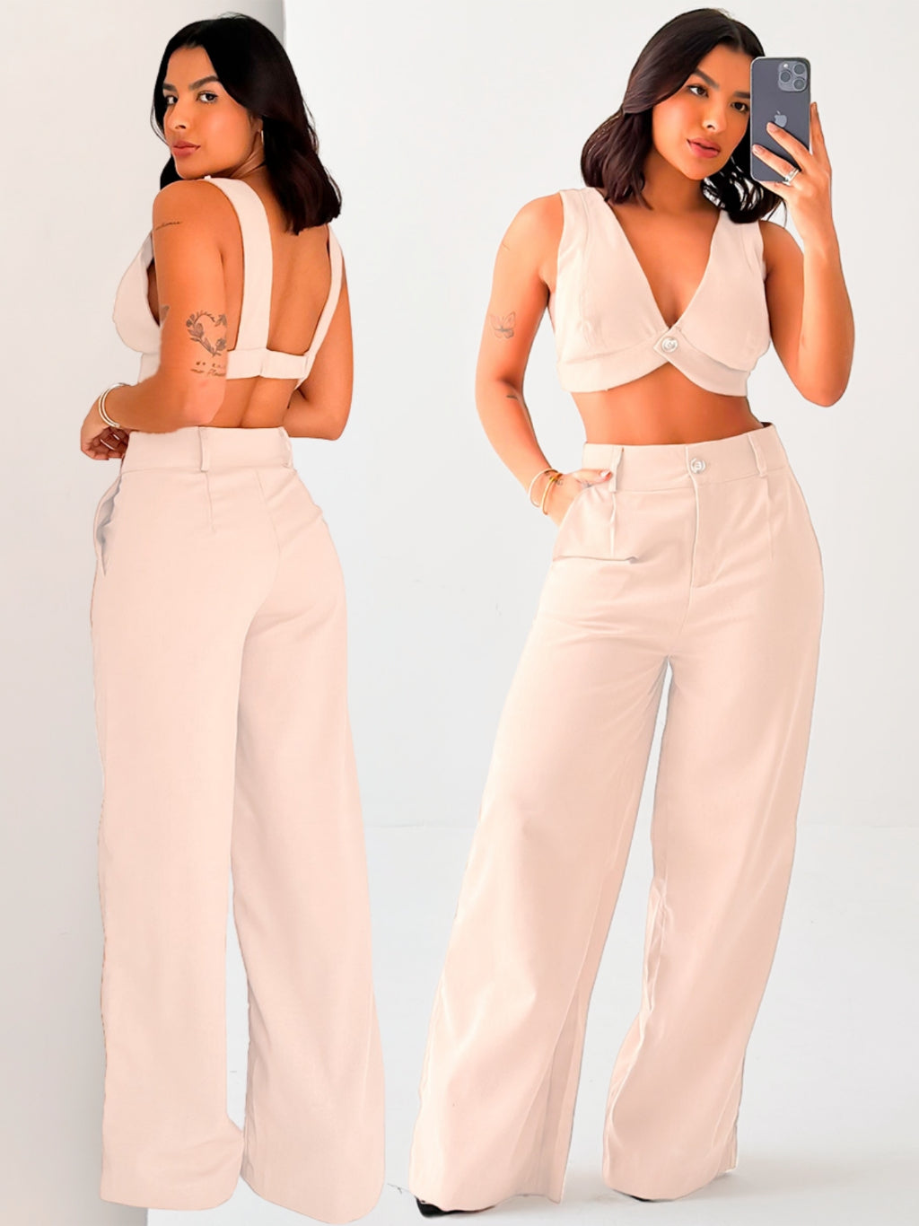 Conjunto Feminino Linho Top Alças e Calça Pantalona Verão Fluida Leve Fresca para o Dia a Dia