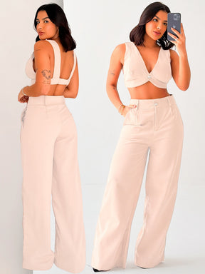 Conjunto Feminino Linho Top Alças e Calça Pantalona Verão Fluida Leve Fresca para o Dia a Dia