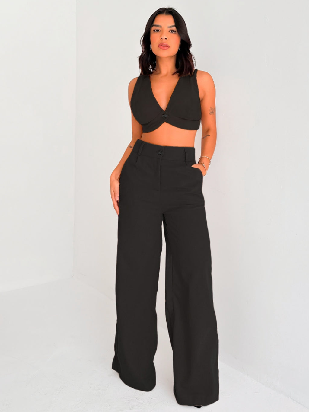 Conjunto Feminino Linho Top Alças e Calça Pantalona Verão Fluida Leve Fresca para o Dia a Dia