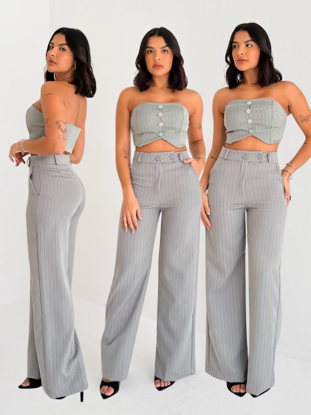 Conjunto Alfaiataria Feminino Risca de Giz Top e Calça Bolsos Laterais Pregas Cós Caimento Moderno