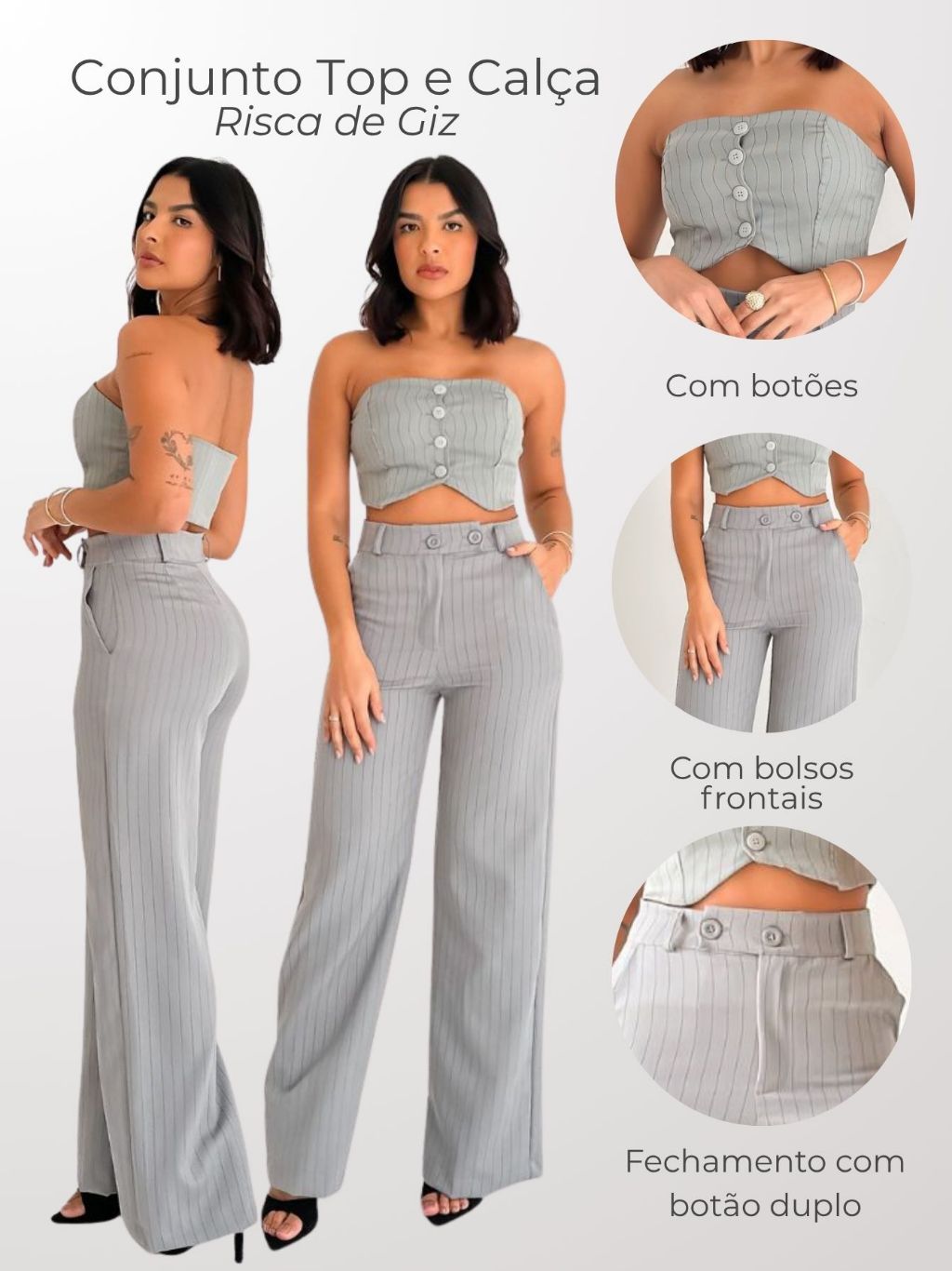 Conjunto Alfaiataria Feminino Risca de Giz Top e Calça Bolsos Laterais Pregas Cós Caimento Moderno