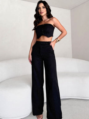 Conjunto Alfaiataria Feminino Risca de Giz Top e Calça Bolsos Laterais Pregas Cós Caimento Moderno