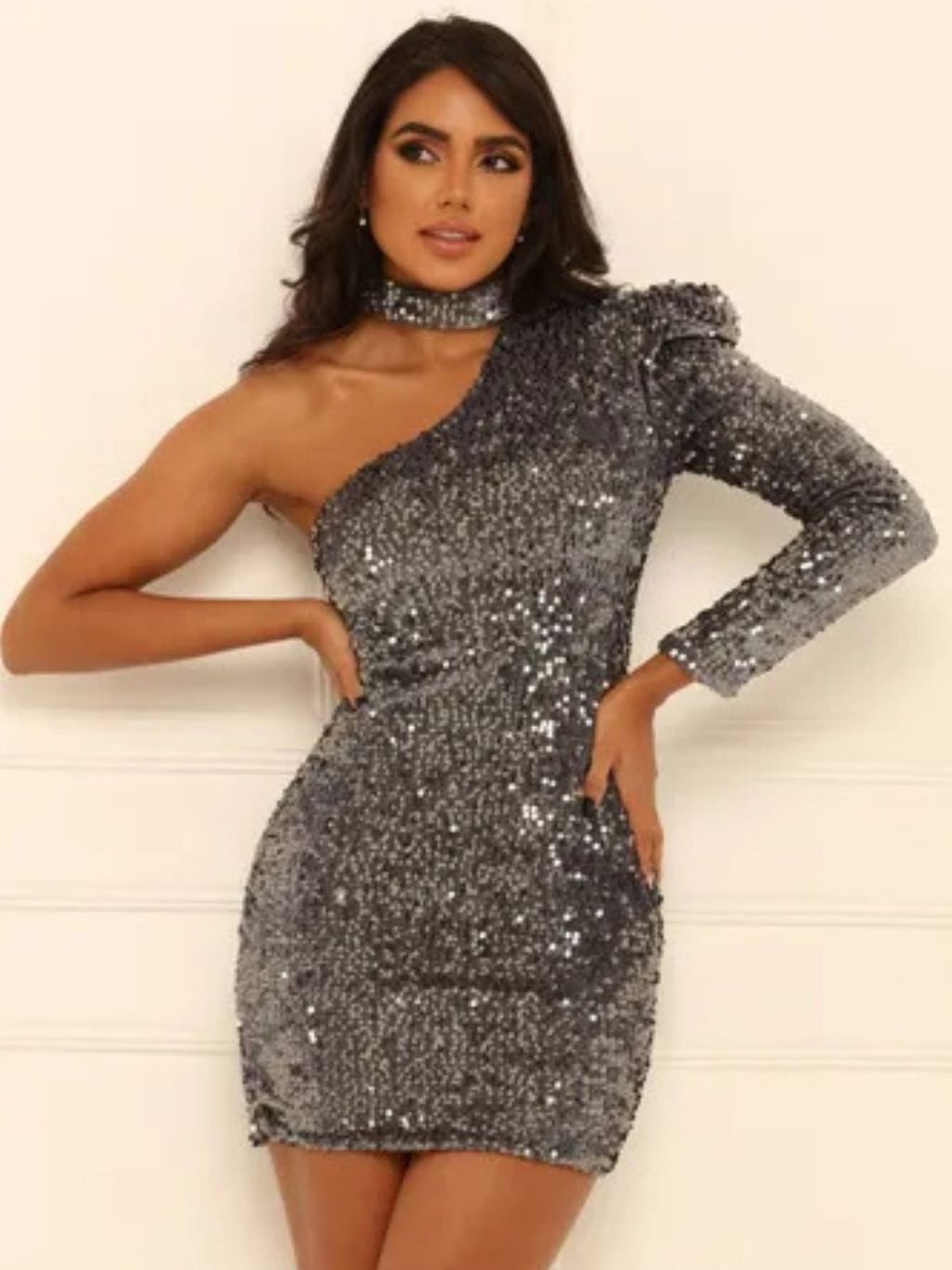 Vestido Feminimo Paetê de Alta Qualidade Brilho Manga Única Elegante Festa Aniversário e Jantar