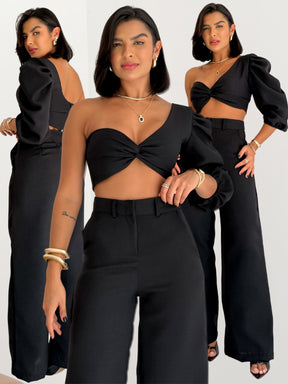 Conjunto Top Manga Única Balonê e Calça Pantalona em Linhão Gabriela Marca LUNII