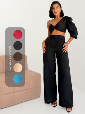 Conjunto Top Manga Única Balonê e Calça Pantalona em Linhão Gabriela Marca LUNII