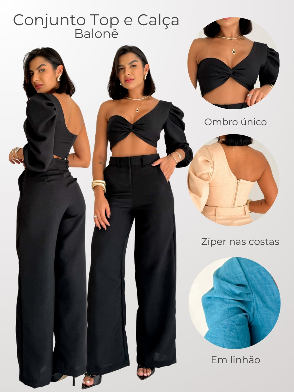 Conjunto Top Manga Única Balonê e Calça Pantalona em Linhão Gabriela Marca LUNII