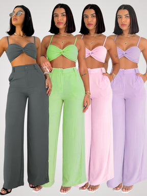 Conjunto Top Cropped de Alça sem Bojo e Calça Pantalona em Duna Helena Marca LUNII