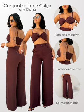 Conjunto Top Cropped de Alça sem Bojo e Calça Pantalona em Duna Helena Marca LUNII