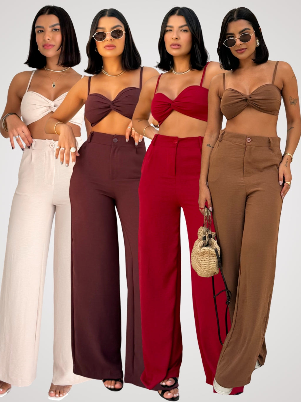 Conjunto Top Cropped de Alça sem Bojo e Calça Pantalona em Duna Helena Marca LUNII