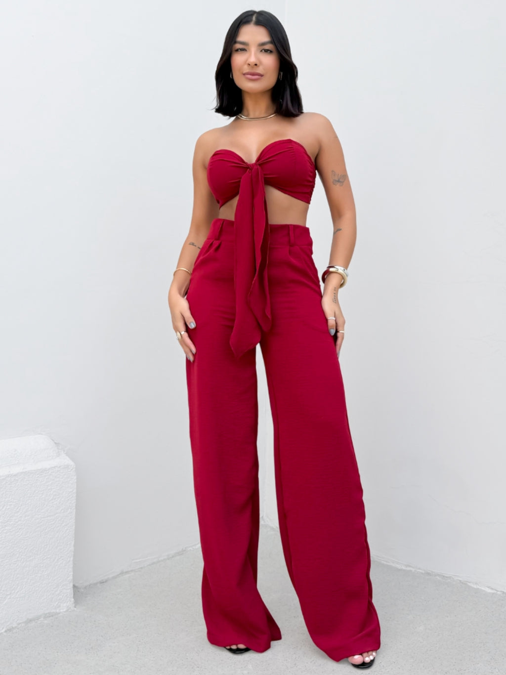 Conjunto Calça Variante E Top Com Laço Duna Verão Moda Luxo