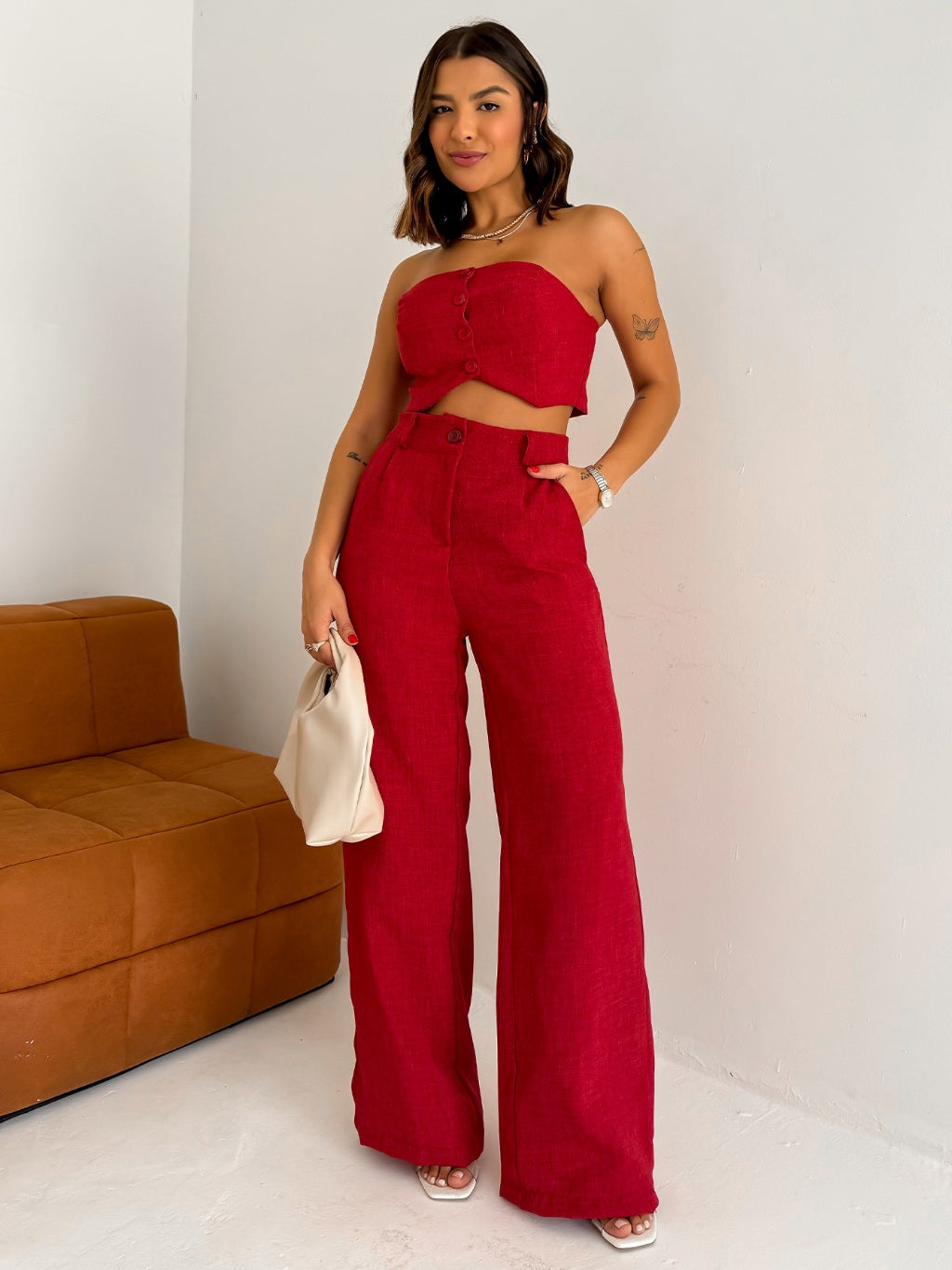 Conjunto Feminino Top e Calça em Linhão Candy Colors Top Tomara Que Caia Com Botões