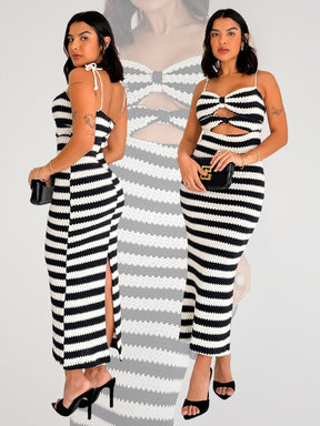Vestido Midi Listrado Malha Tricot Look Perfeito Para a Praia Alice LUNII