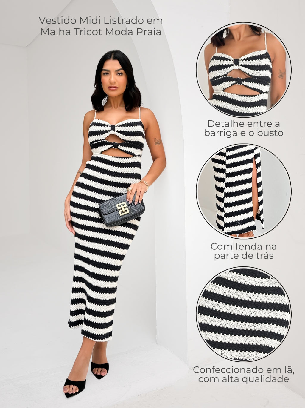 Vestido Midi Listrado Malha Tricot Look Perfeito Para a Praia Alice LUNII