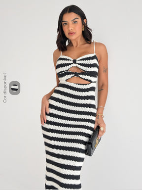 Vestido Midi Listrado Malha Tricot Look Perfeito Para a Praia Alice LUNII
